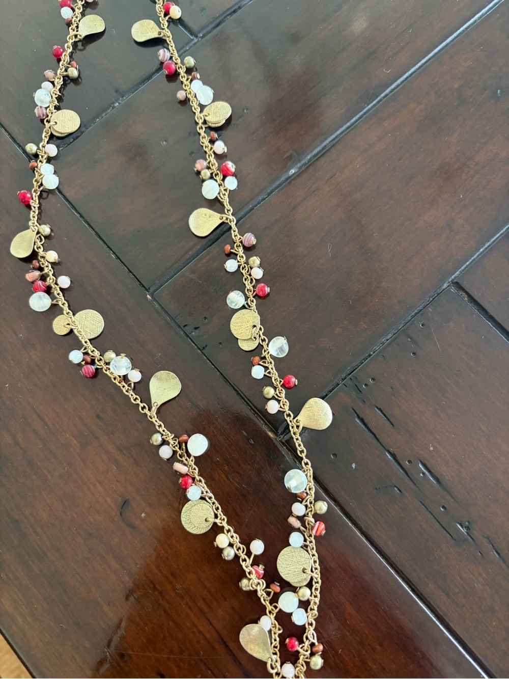 Coldwater Creek Gold-Tone Multi Bead Necklace with Red, White & Taupe Accents